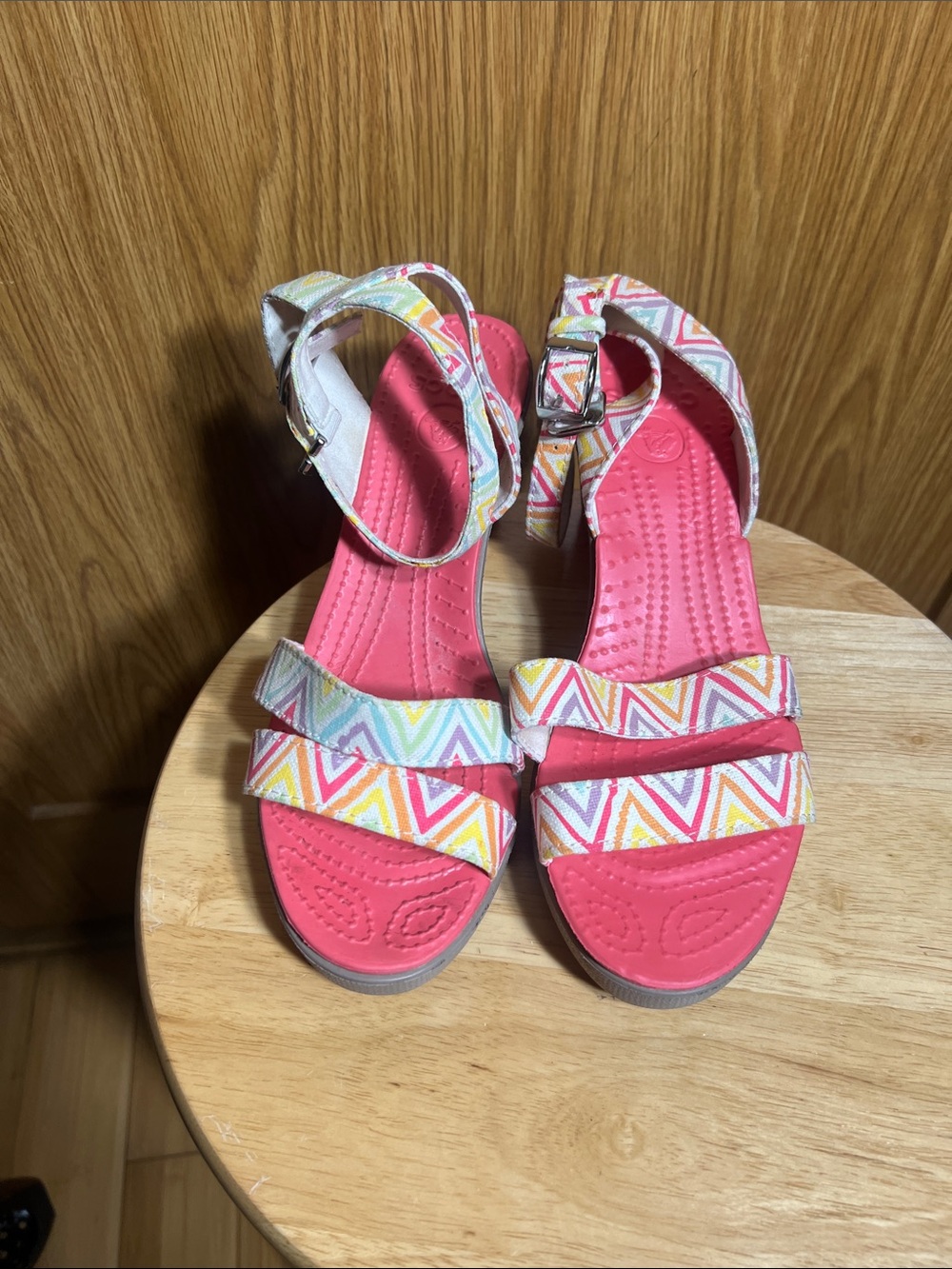 CROCS Pink Wedge Sandals with Chevron Multi-Color Straps